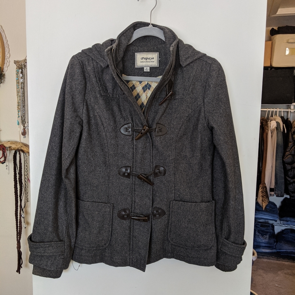 Dark Grey Pea Coat Removable Hood Elastic Cuffs